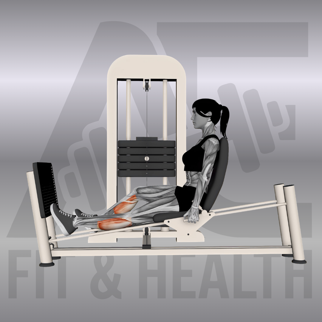 Horizontal Leg Press Calf Raise Single Leg (Horizontal Leg Press Calf Raise Single Leg) – Frau sitzt in einer horizontalen Beinpresse im Fitnessstudio und drückt die Plattform einbeinig nur mit dem Fußballen nach vorne.