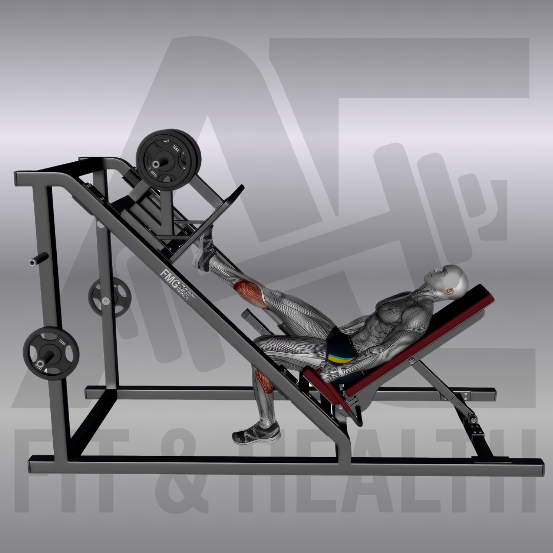 Wadenheben an der Beinpresse (45 Degree Leg Press Calf Raise Single Leg) – Person sitzt in einer 45 Grad geneigten Beinpresse im Fitnessstudio und drückt die Plattform einbeinig über den Fußballen kontrolliert nach oben.