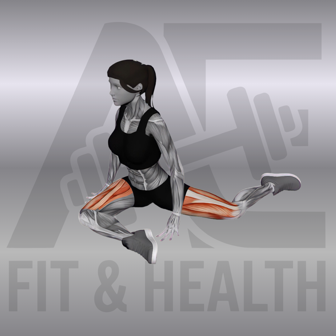 90/90 Stretch (90 to 90 Stretch) – Frau sitzt auf einer Matte im Fitnessstudio oder Zuhause und dehnt die Hüften in der 90-Grad-Position der Beine mit aufrechtem Oberkörper.