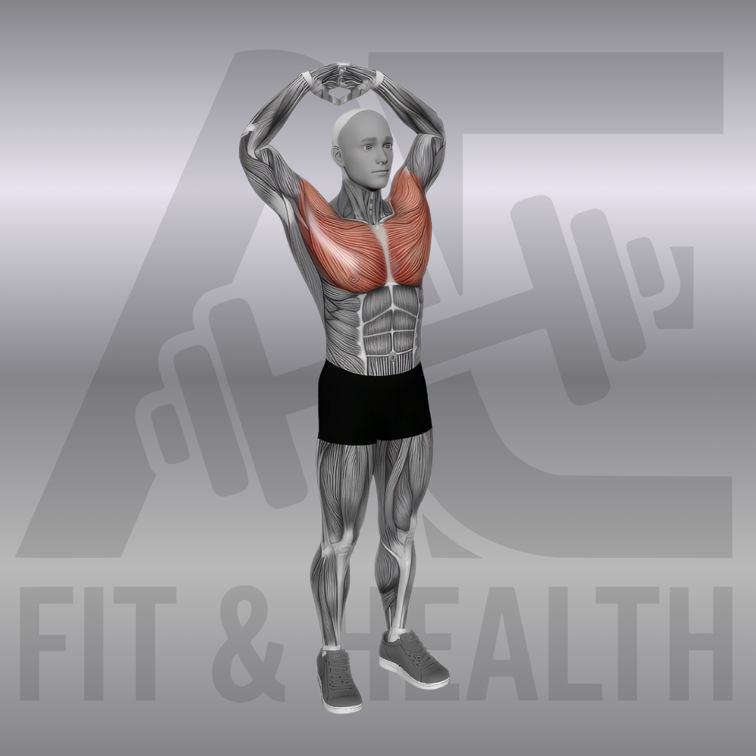 Brust-Stretch über dem Kopf (Above Head Chest Stretch) – Person steht aufrecht und führt die verschränkten Arme weit über den Kopf nach hinten, um die Brustmuskulatur intensiv zu dehnen.