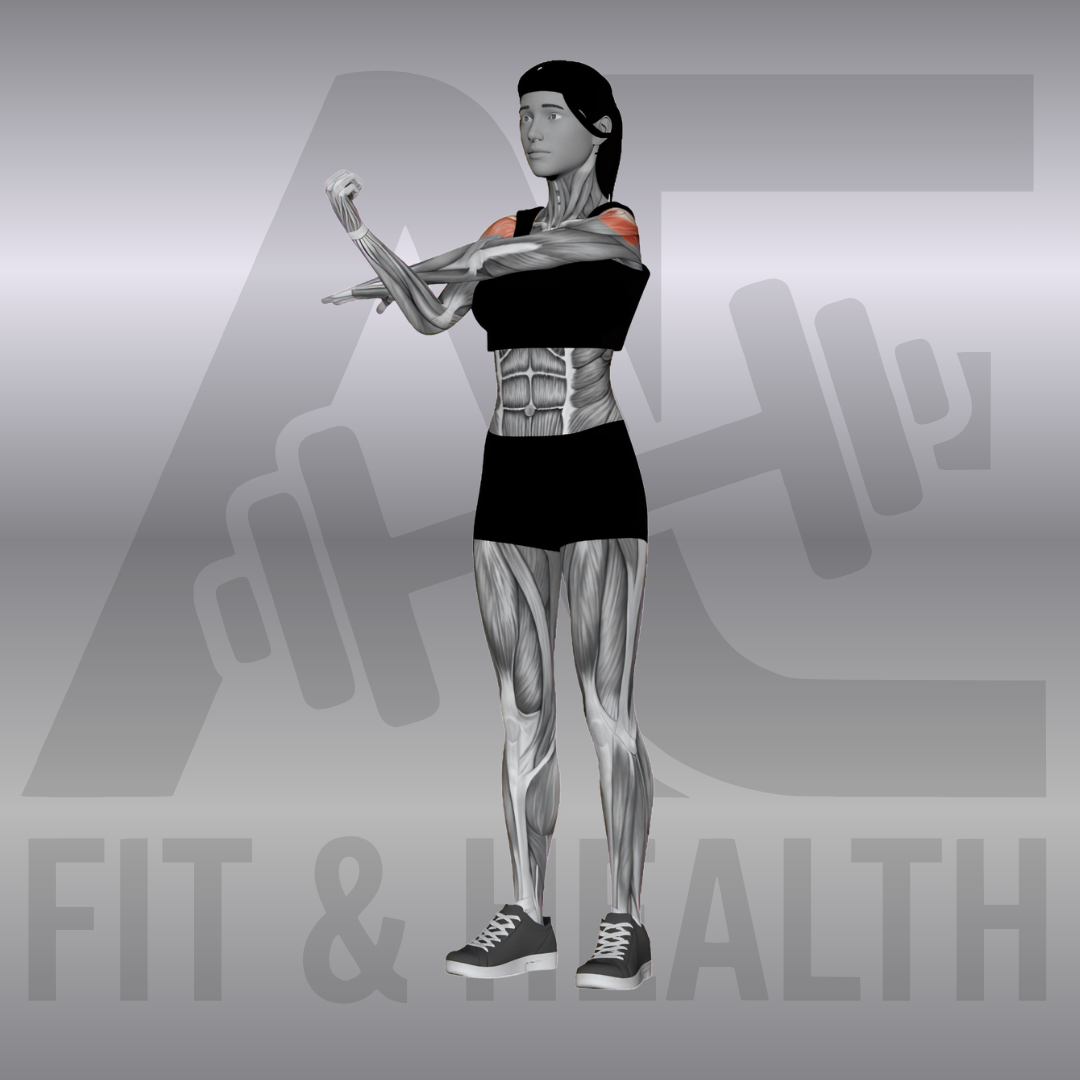 Schulter-Stretch vor der Brust (Across Chest Shoulder Stretch) – Frau steht aufrecht und zieht einen gestreckten Arm quer vor der Brust zur Gegenseite, um die hintere Schultermuskulatur zu dehnen.