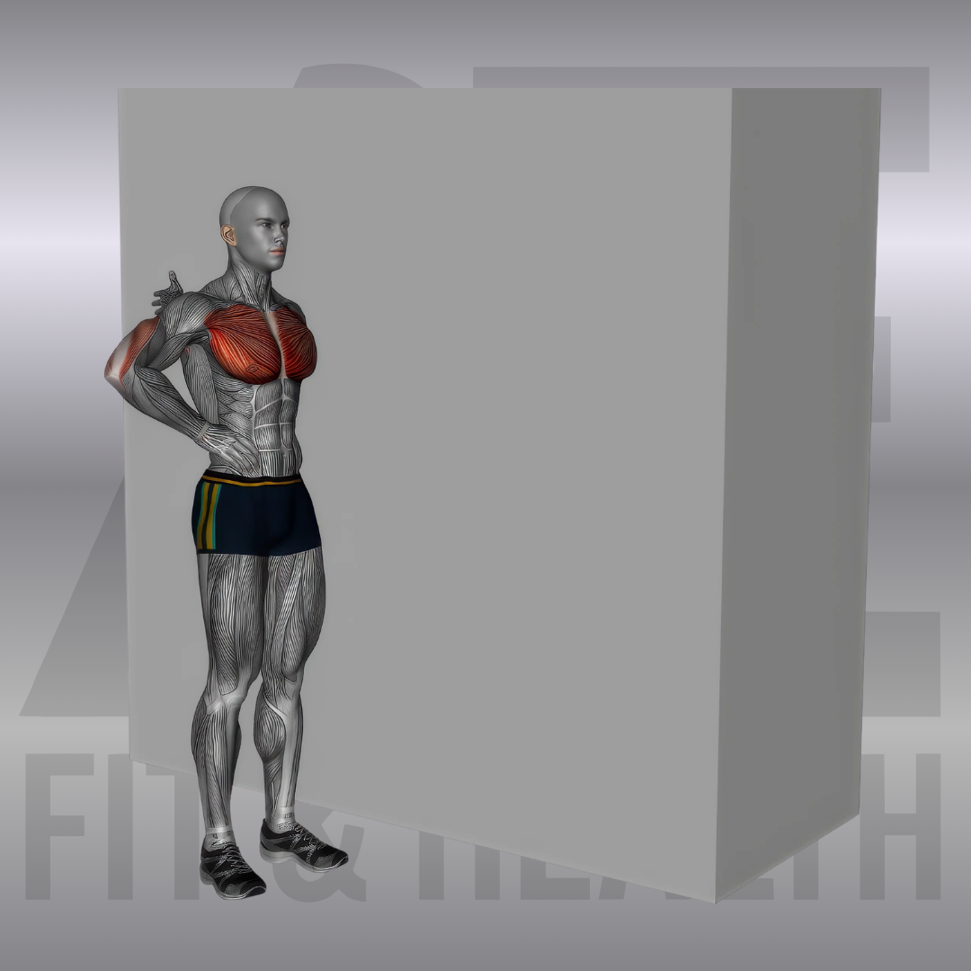 Brust gegen die Wand (One Arm Wall Chest Stretch) – Männliche anatomische Darstellung einer Person, die seitlich an einer Wand steht und durch Drehung des Oberkörpers die Brustmuskulatur einseitig dehnt.
