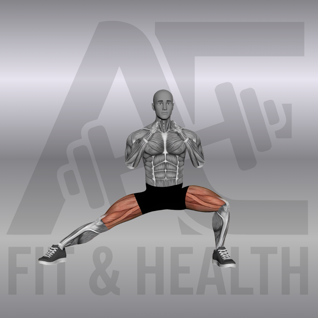 Adduktoren-Stretch im Stand (Standing Side Adductor Stretch) – Person steht in einem weiten Grätschstand und verlagert das Gewicht auf eine Seite, um die Innenseite des gestreckten Beins zu dehnen.