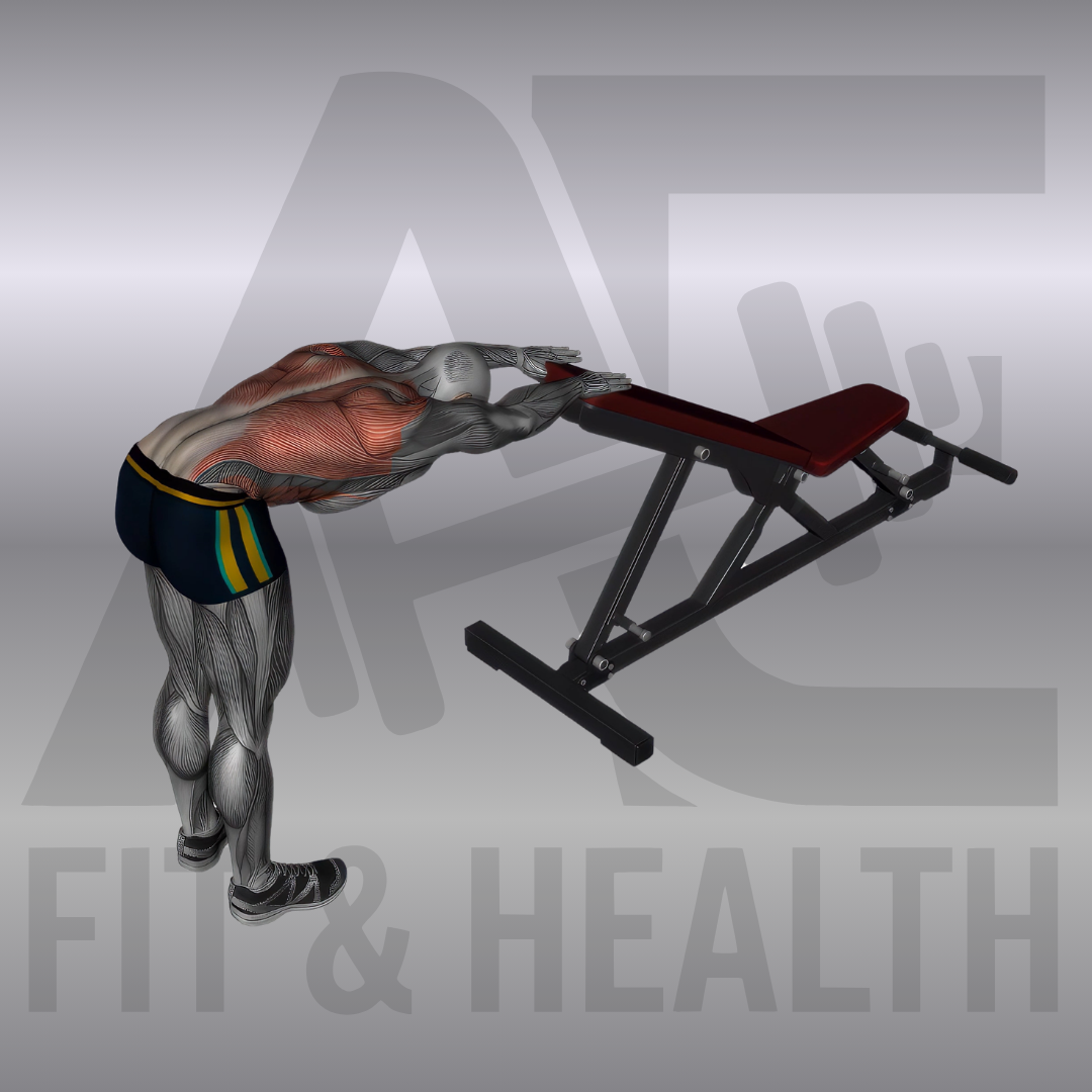 Rücken-Stretch im Stand mit Bank (Standing Back Stretch with Bench) – Person steht vorgebeugt vor einer Bank, die Hände liegen auf der Kante auf und der Oberkörper bildet eine gerade Linie parallel zum Boden, um den Rücken zu dehnen.