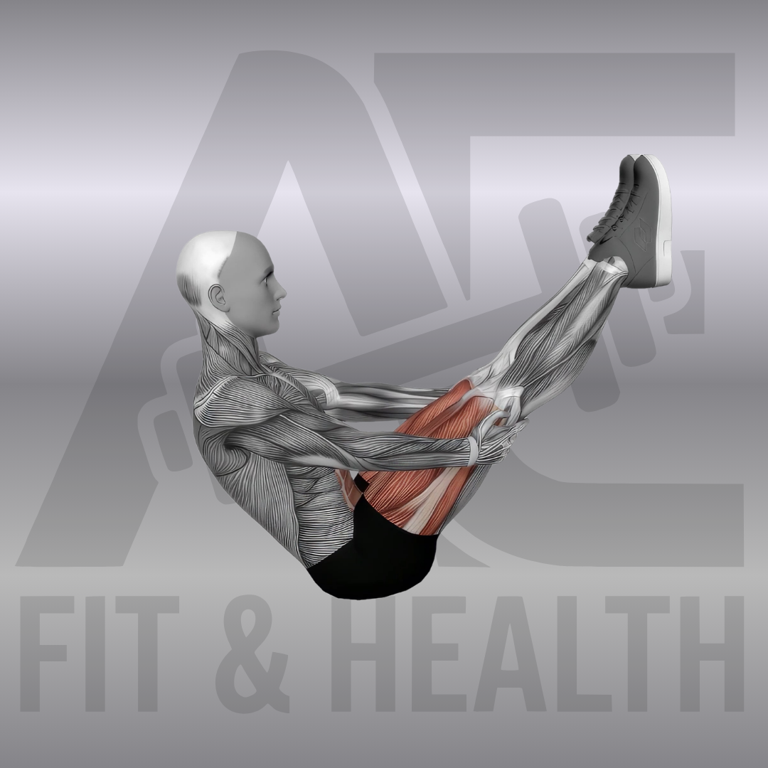 Boat Stretch (Boot-Position) – Anatomische Darstellung einer Person im V-Sitz auf dem Boden, die die gestreckten Beine in die Luft hält und zur Dehnung der Beinrückseiten mit den Händen fixiert.