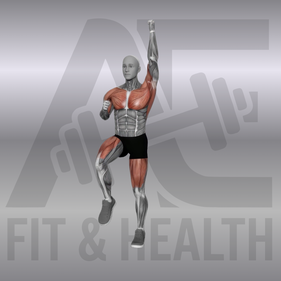 Air Punches March – Anatomische Darstellung einer Person, die auf der Stelle marschiert und dabei abwechselnd einen Arm kraftvoll nach oben boxt, um Herz-Kreislauf und Muskulatur zu trainieren.