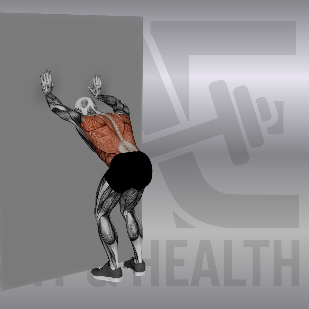 Lats Stretch On Wall – Eine Person stützt sich mit den Händen an einer Wand ab und beugt den Oberkörper nach unten, um den Latissimus und die Schultern intensiv zu dehnen.