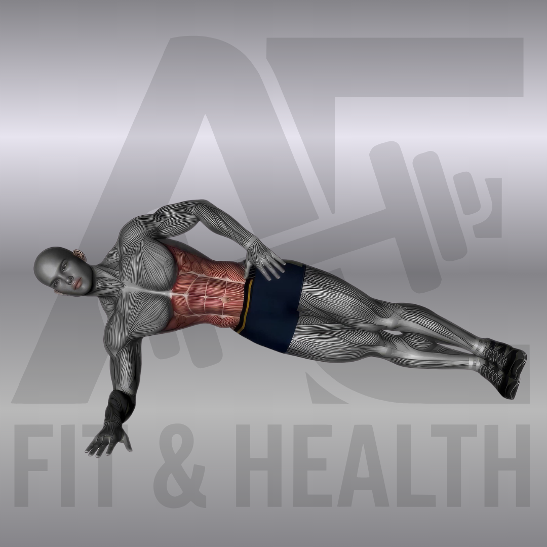 Seitplanke – Eine Person hält den Körper im seitlichen Unterarmstütz in einer geraden Linie auf einer Fitnessmatte, um die Rumpfmuskulatur zu stärken.
