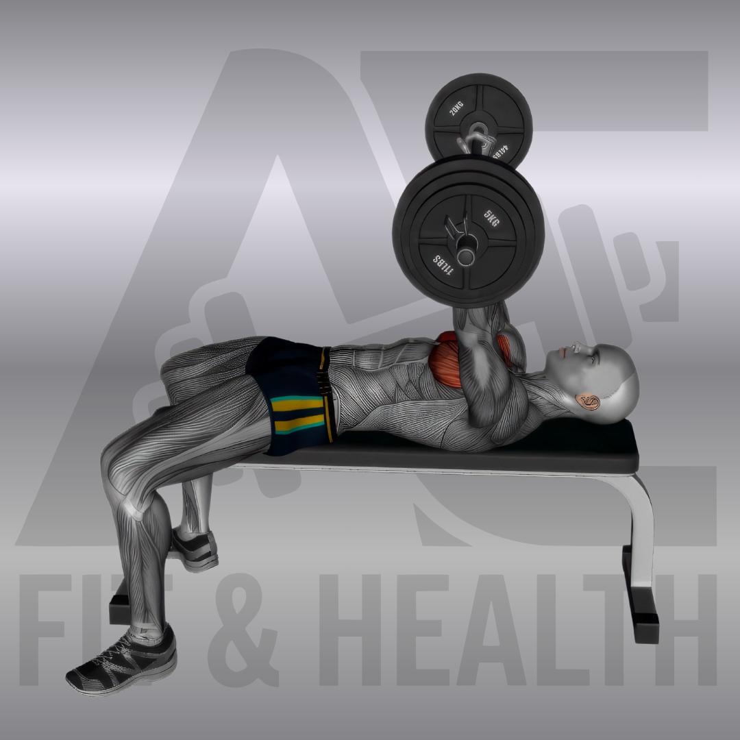 Bankdrücken mit Langhantel (Barbell Flat Bench Press) – Person liegt flach auf einer Hantelbank im Fitnessstudio und drückt eine beladene Langhantel kontrolliert von der Brust nach oben.