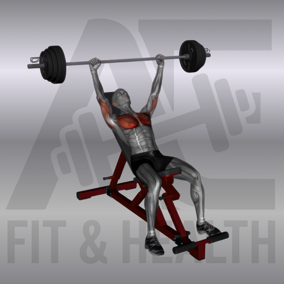 Bankdrücken mit Langhantel Schrägbank (Incline Barbell Bench Press) – Person liegt auf einer positiv geneigten Schrägbank im Fitnessstudio und drückt eine Langhantel von der oberen Brust vertikal nach oben.