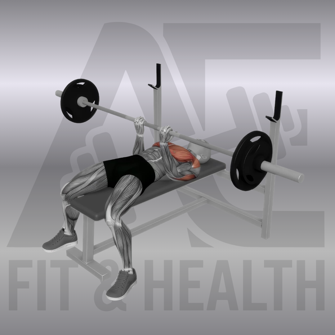 Barbell Reverse Close Grip Bench Press – Eine Person liegt auf einer Hantelbank und drückt eine Langhantel im engen Untergriff nach oben, um den Trizeps und die obere Brust zu trainieren.