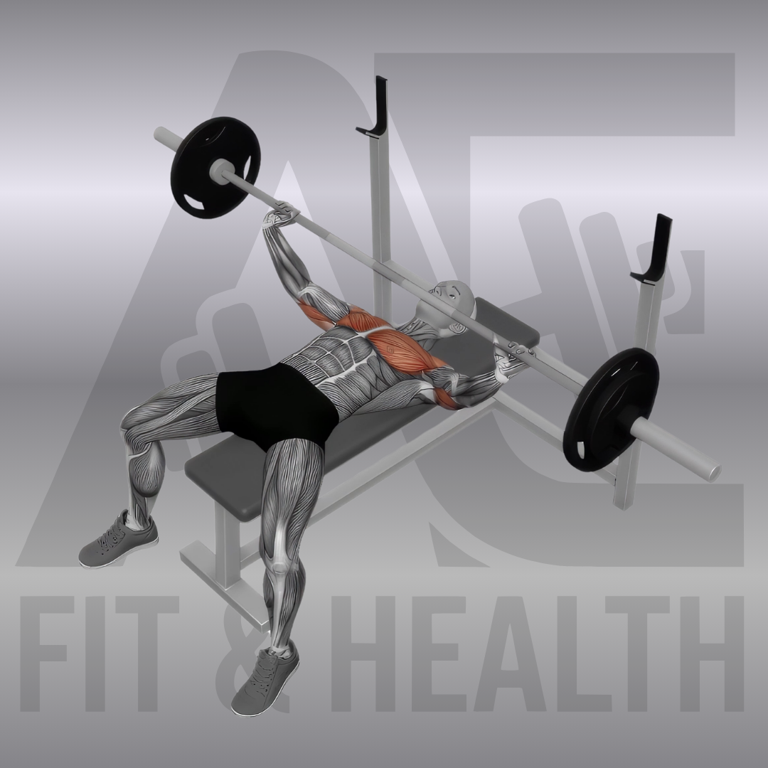 Barbell Wide Grip Bench Press – Eine Person liegt auf einer Hantelbank und drückt eine breit gegriffene Langhantel von der Brust nach oben, um den äußeren Brustmuskel zu trainieren.