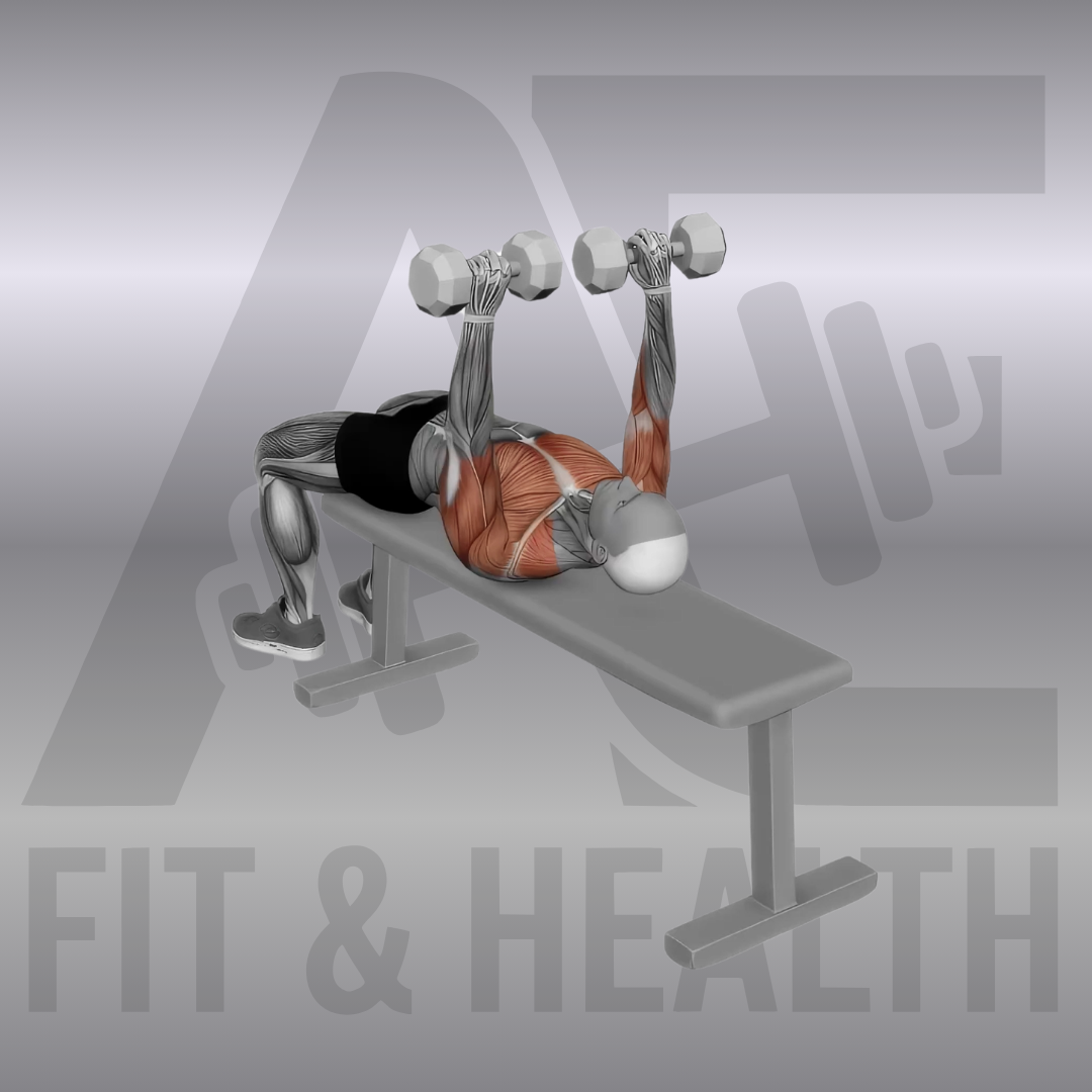 Dumbbell Alternate Bench Press (high start) – Eine Person liegt auf einer Flachbank, hält eine Kurzhantel oben gestreckt und senkt die andere Kurzhantel seitlich ab, um die Brustmuskulatur alternierend zu trainieren.