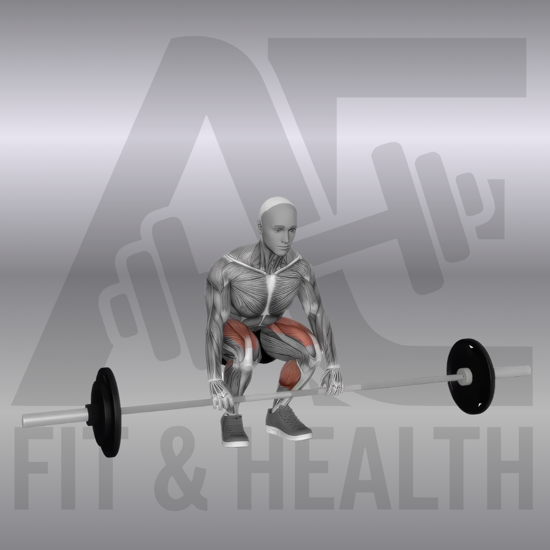 Langhantel Clean Deadlift – Eine Person hebt eine Langhantel aus einer tiefen Startposition mit aufrechtem Oberkörper und gebeugten Knien eng am Körper entlang bis zur vollständigen Aufrichtung.