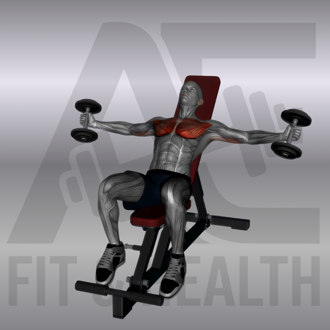 Dumbbell Incline Fly – Eine Person liegt auf einer etwa 30 Grad geneigten Schrägbank und führt zwei Kurzhanteln mit leicht gebeugten Armbeugen seitlich in einer Bogenbewegung über der oberen Brust zusammen.