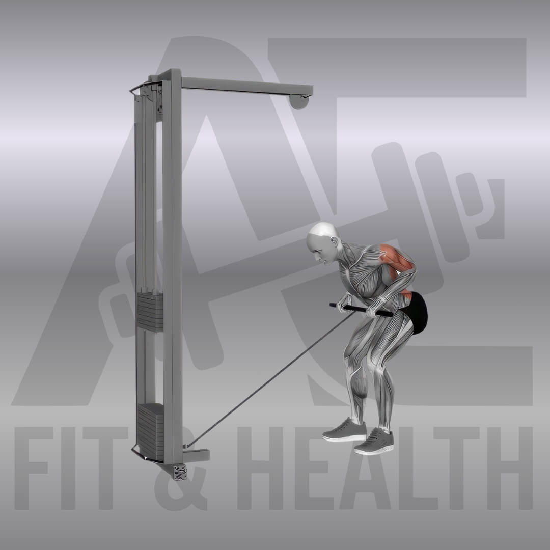 Cable Bent Over Row – Eine Person steht mit gerade vorgebeugtem Oberkörper vor einem tiefen Kabelzug und zieht den Griff mit engen Ellbogen kontrolliert zum Bauchnabel.