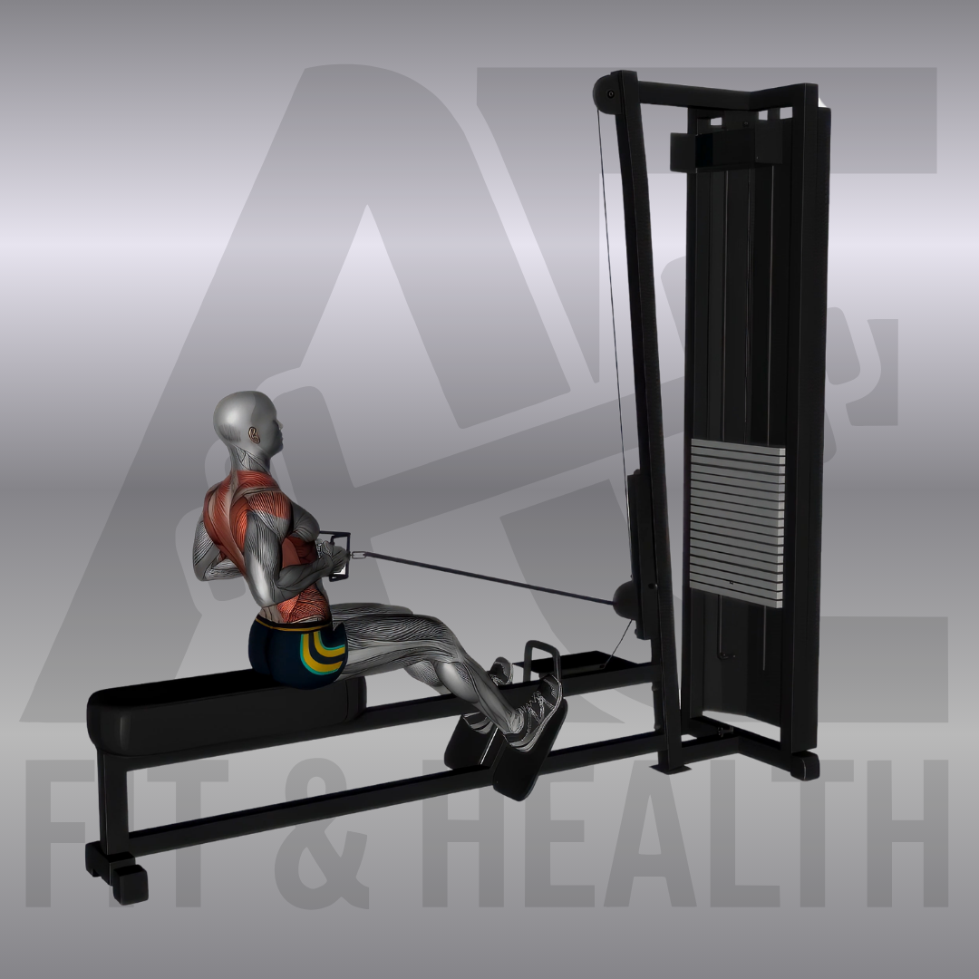 Seated cable row V bar machine – Eine Person sitzt an der Kabelruder-Station, hält einen V-Griff im engen Neutralgriff und zieht diesen mit engen Ellbogen kontrolliert zum Bauchnabel.