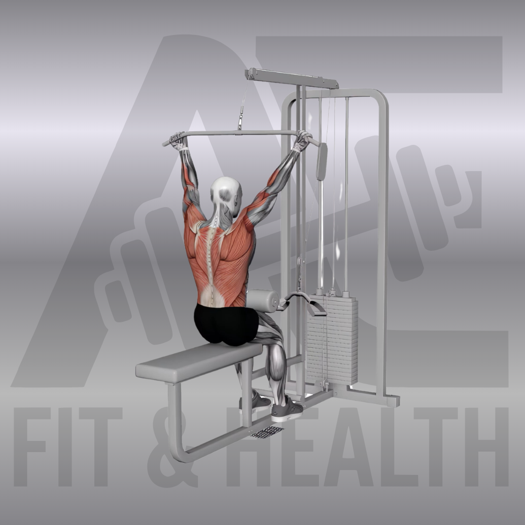 Cable Underhand Pulldown Wide Grips – Eine Person sitzt an der Latzug-Station und zieht eine breite Latzugstange im breiten Untergriff kontrolliert zur oberen Brust.
