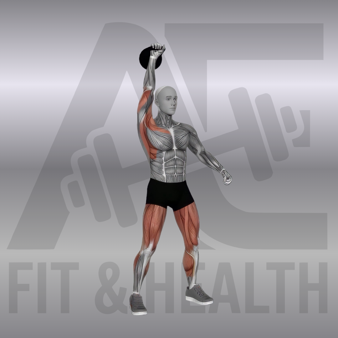 Einarmiges Kettlebell-Umsetzen und Drücken – Eine Person setzt eine Kettlebell mit einer Hand explosiv auf Schulterhöhe um und drückt sie anschließend kontrolliert über den Kopf.