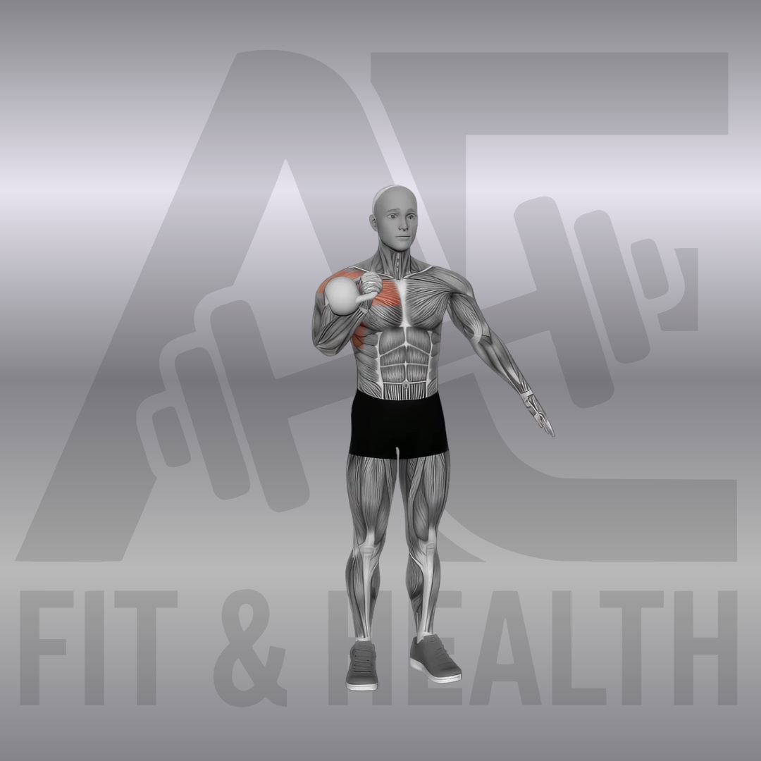Kettlebell Strict Press – Eine Person steht im hüftbreiten Stand und drückt eine Kettlebell aus der Rack-Position auf Schulterhöhe strikt und ohne Schwung senkrecht über den Kopf.