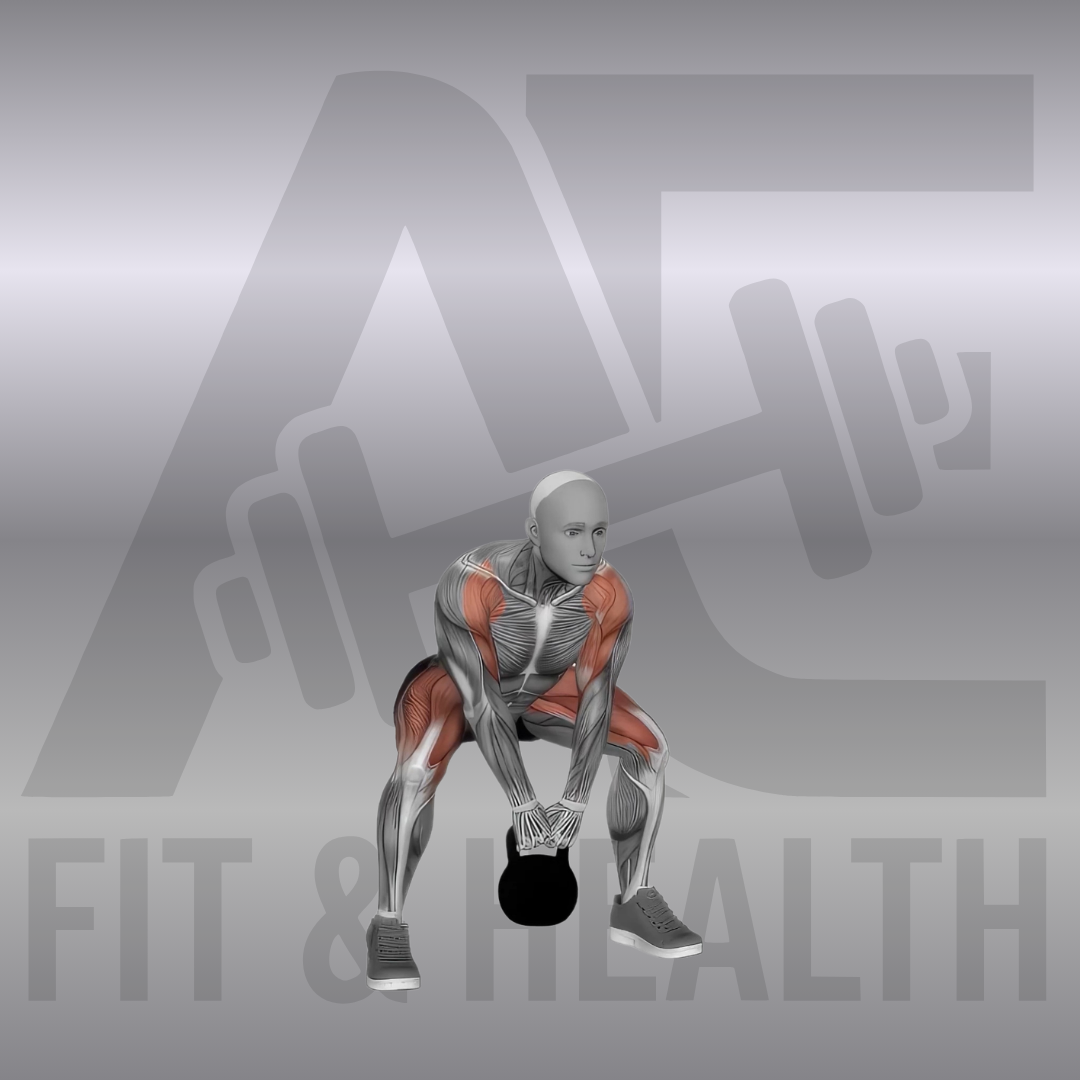 Kettlebell Sumo Deadlift with High Pull – Eine Person steht im breiten Sumo-Stand über einer Kettlebell, richtet den Körper aus der Hocke explosiv auf und zieht die Kugel nah am Körper bis unter das Kinn, wobei die Ellbogen hoch zeigen.