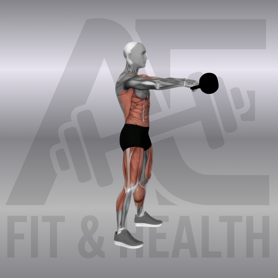 Kettlebell Swing – Eine Person schwingt eine Kettlebell zweihändig aus einem dynamischen Hüftimpuls heraus bis auf Brusthöhe nach oben.