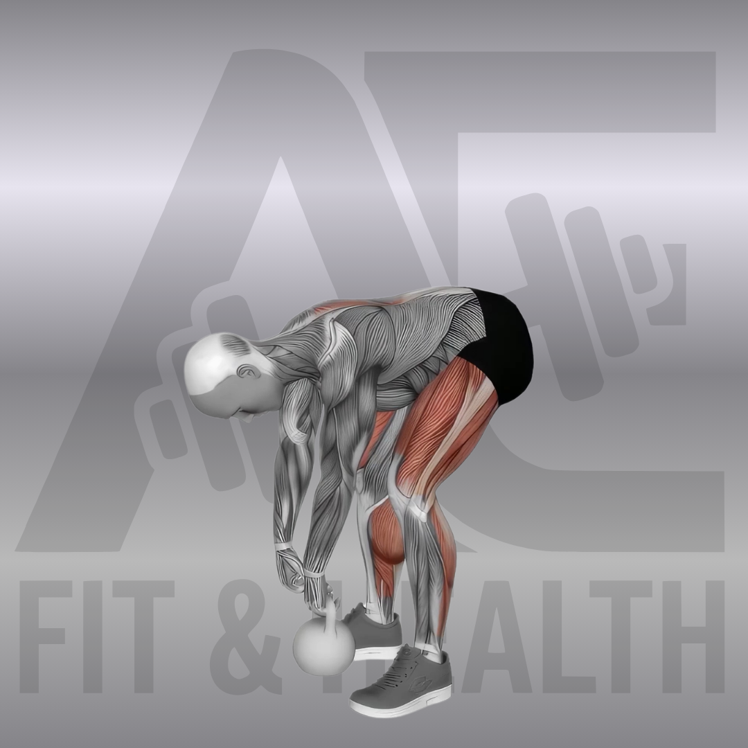 Single Kettlebell Deadlift – Eine Person steht im hüftbreiten Stand über einer Kettlebell, beugt die Hüfte mit geradem Rücken und hebt die Kugel mit einer Hand kontrolliert aus den Beinen und dem Gesäß nach oben.