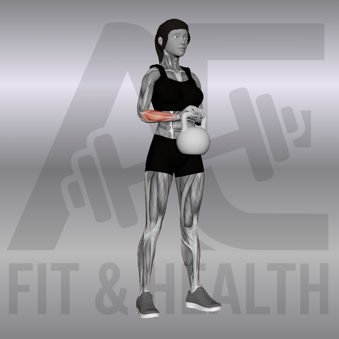 Kettlebell Wrist Extension – Eine Person kniet an einer Flachbank, der Unterarm liegt stabil auf dem Polster auf und die Hand hebt eine Kettlebell im Obergriff rein aus der Kraft des Handgelenks nach oben.