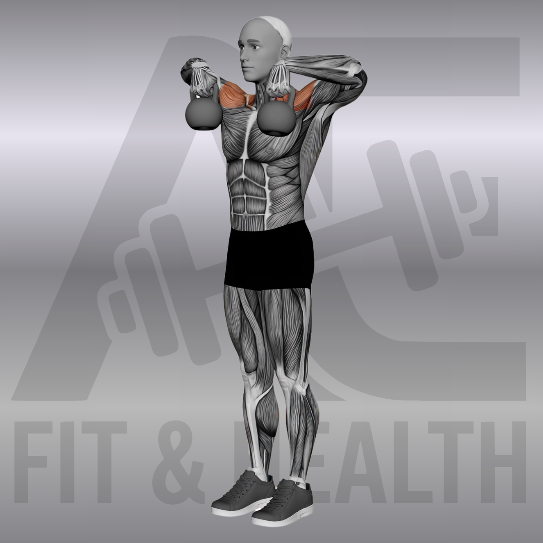 Kettlebell Upright Row – Eine Person steht im hüftbreiten Stand und zieht eine Kettlebell beidhändig am Griff eng am Körper nach oben bis auf Brusthöhe, während die Ellbogen nach oben-außen führen.