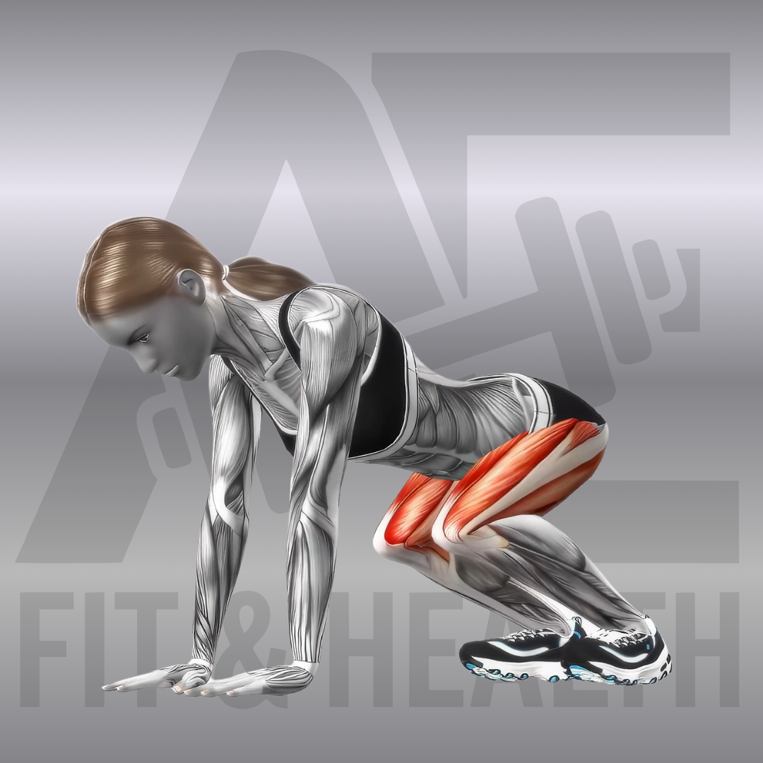 Half Burpees – Eine Person springt aus einer tiefen Kniebeuge mit den Händen am Boden dynamisch nach hinten in die Planke und direkt wieder nach vorne in die tiefe Hocke.