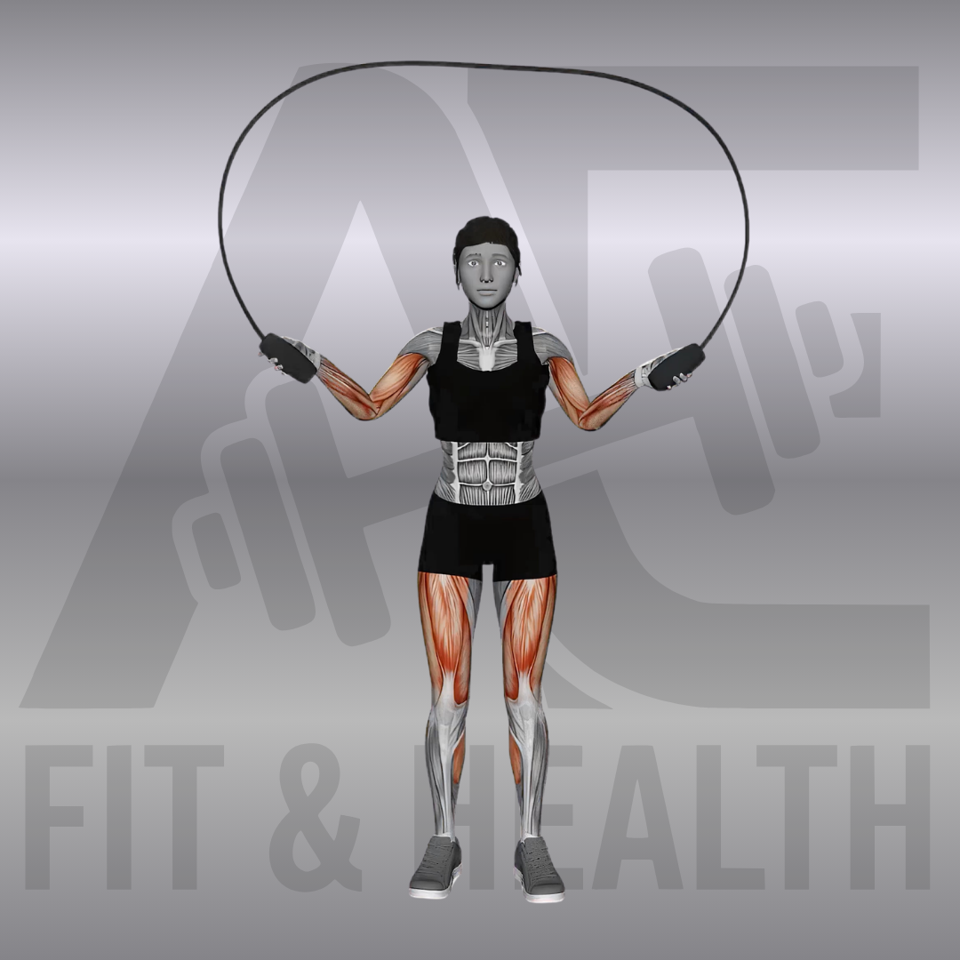 Jump Rope alternating foot female – Eine Sportlerin führt auf einer Fitnessmatte dynamisches Seilspringen im abwechselnden Fußwechsel (Boxer Step) mit hoher Körperspannung und flüssiger Armrotation aus.