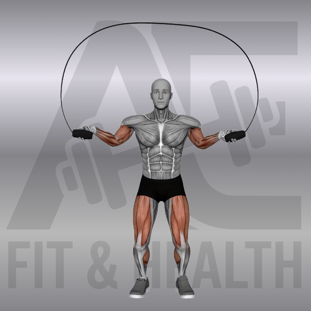 Jump Rope basic jump – Eine Person führt einen klassischen beidbeinigen Grundsprung beim Seilspringen mit geschlossenen Füßen, leicht gebeugten Knien und flüssiger Handgelenksrotation aus.
