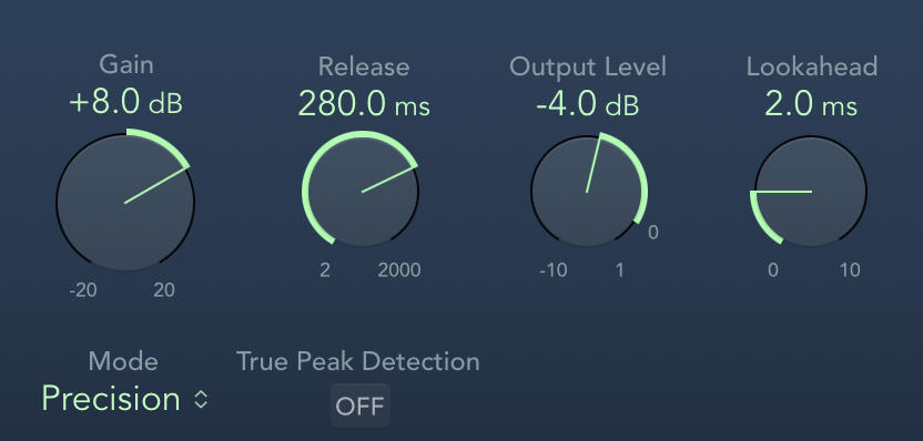 Settings set within the limiter, +8db gain, 280ms release, -4 db output level, 2ms lookahead