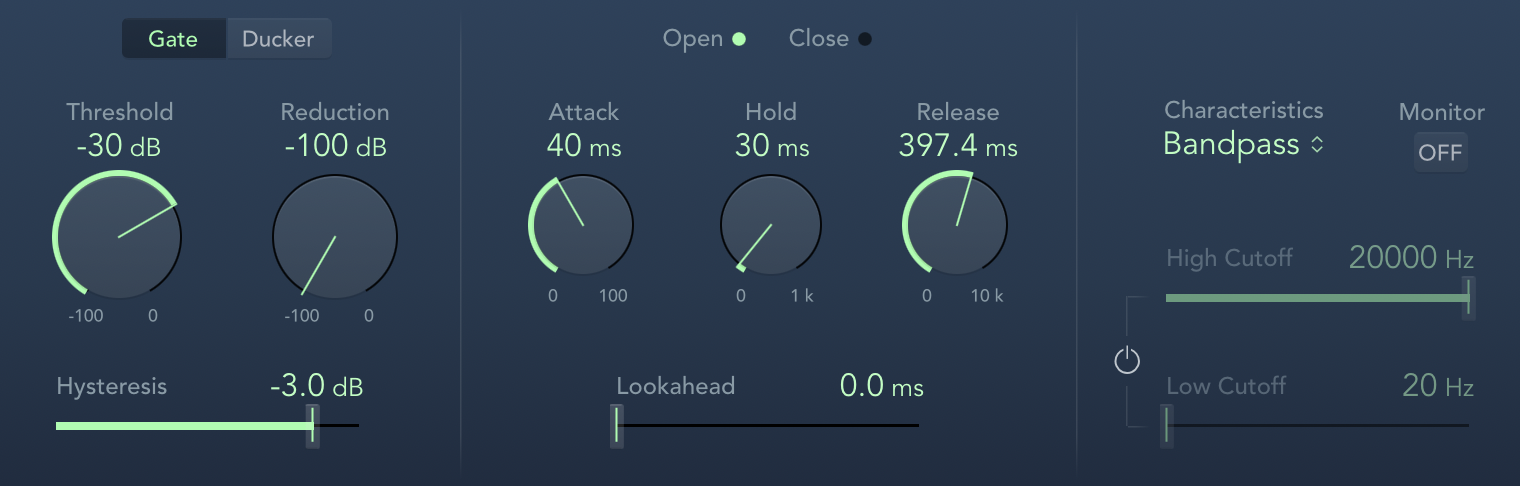 Noise gate settings -30db threshold, -100db reduction, 40ms attack, 30ms hold, 397.4ms release