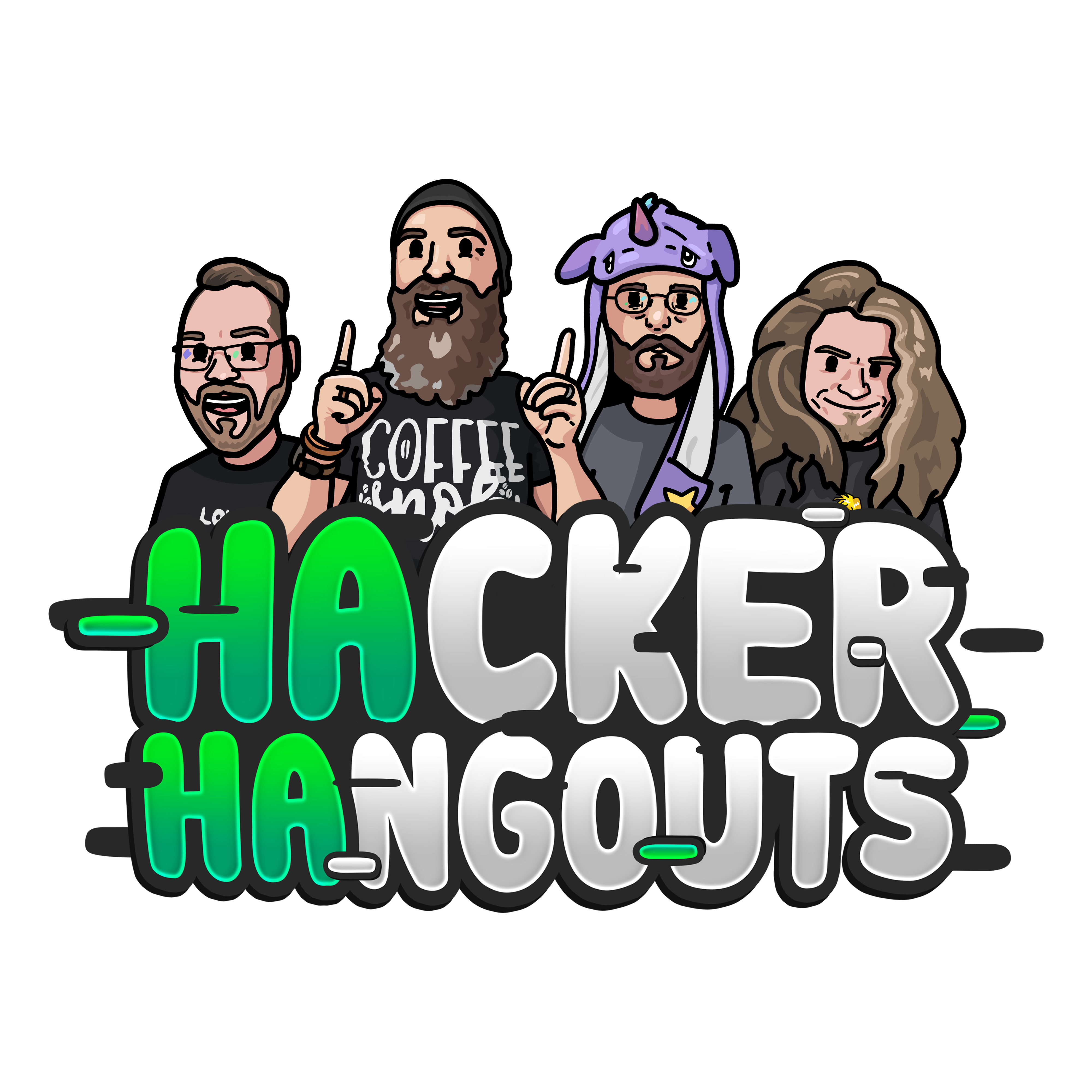 Hacker Hangout logo with cartoons of Silk (Alex), Gater, Gourry, Gulo