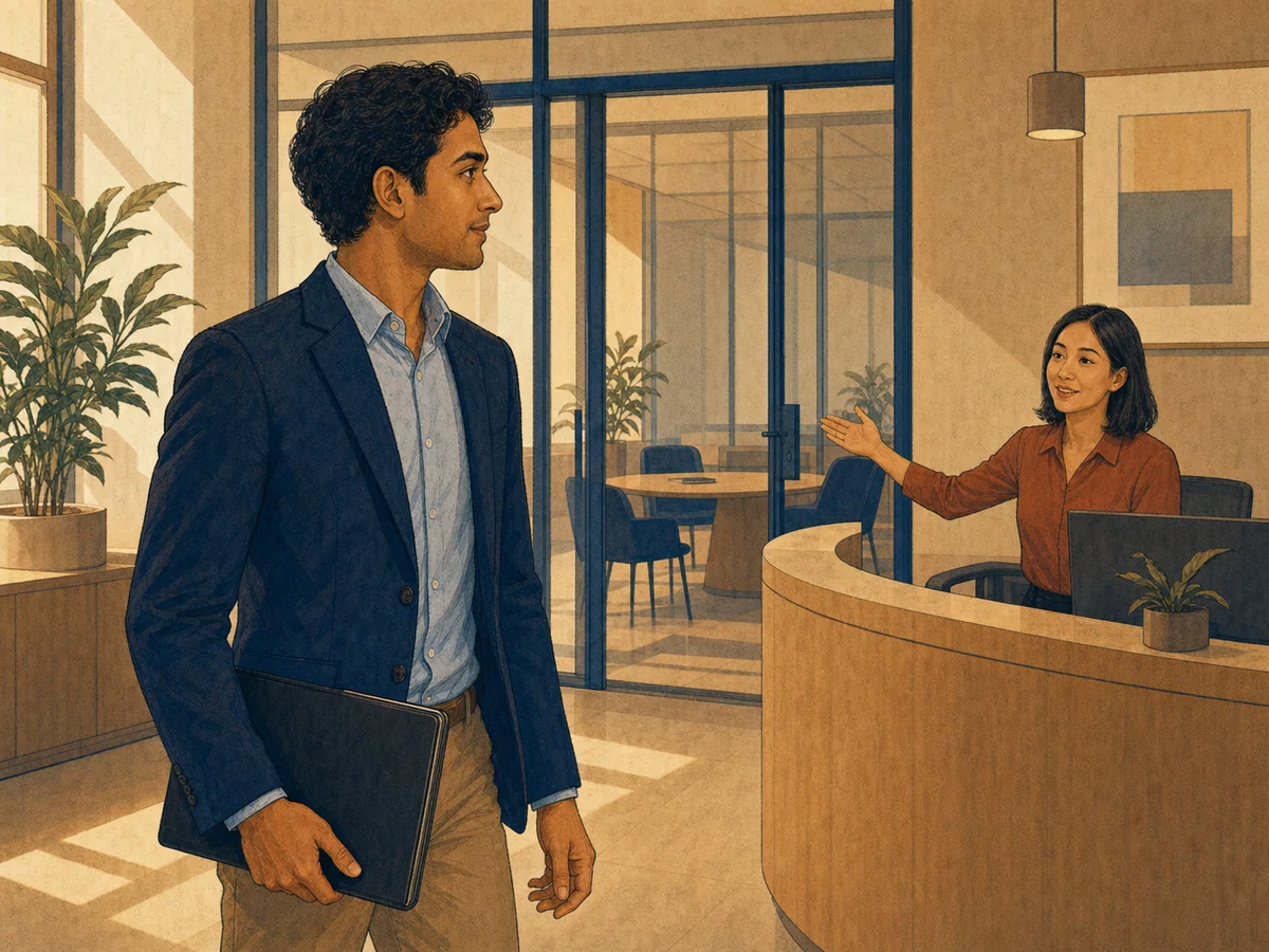 Candidate arriving at a modern office reception before an interview