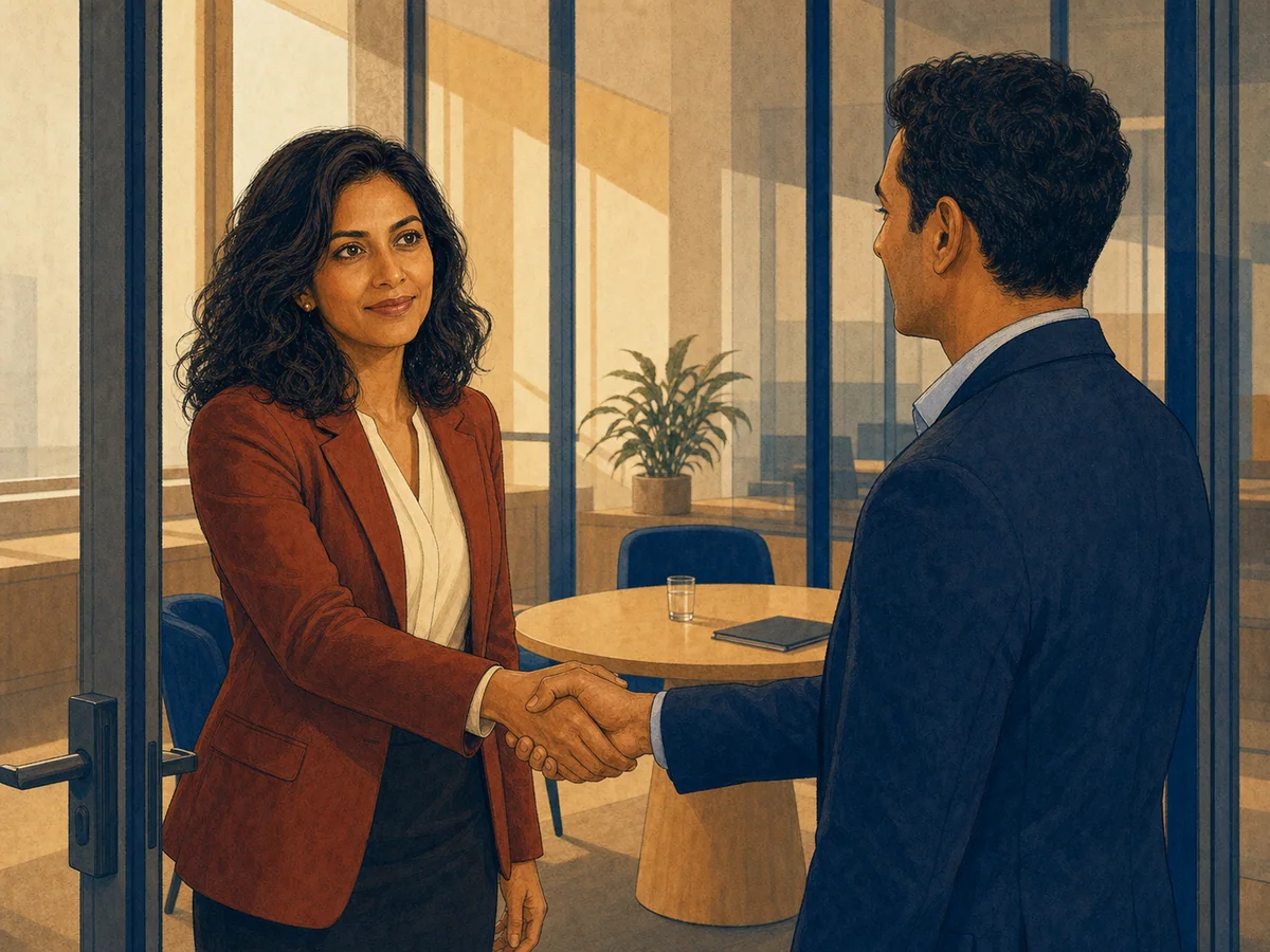 Recruiter greeting a candidate across a quiet interview room