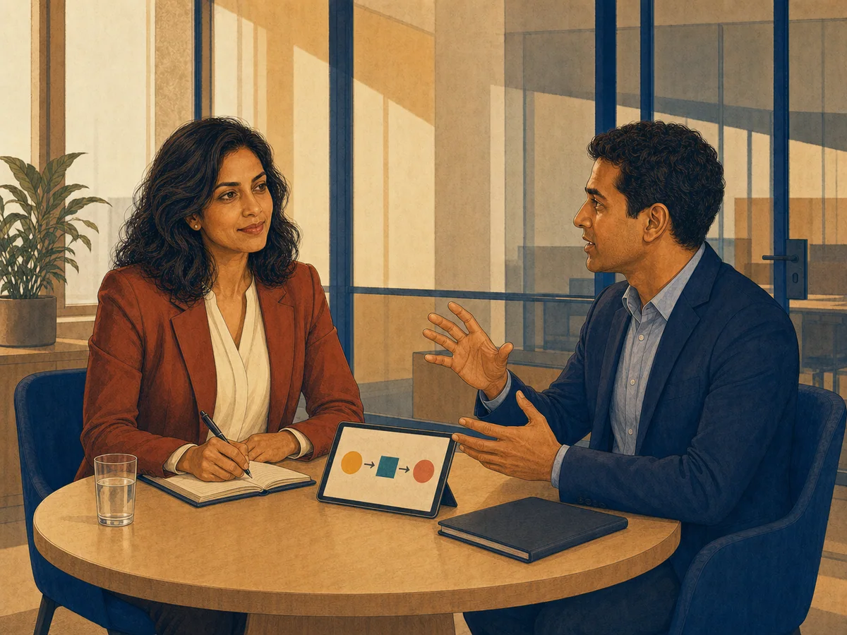 Candidate describing a workplace challenge as recruiter takes notes