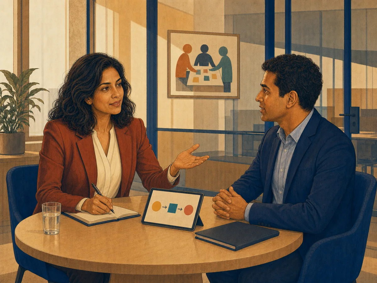Recruiter asking about teamwork during a focused interview conversation