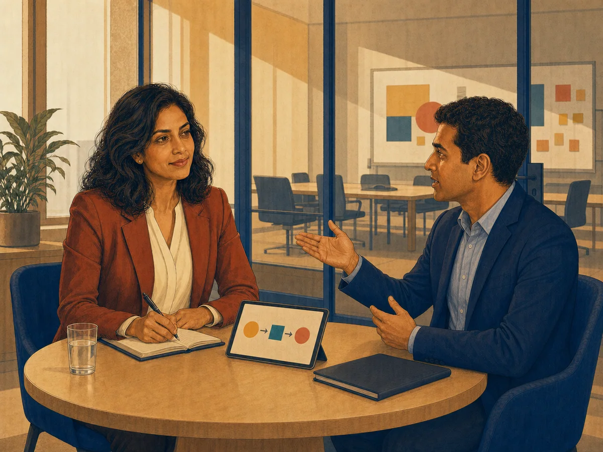 Candidate explaining motivation while recruiter gestures toward the company