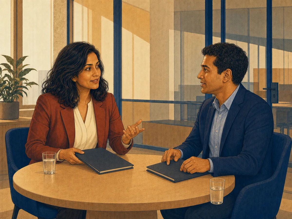 Candidate asking a final question before a professional interview closing