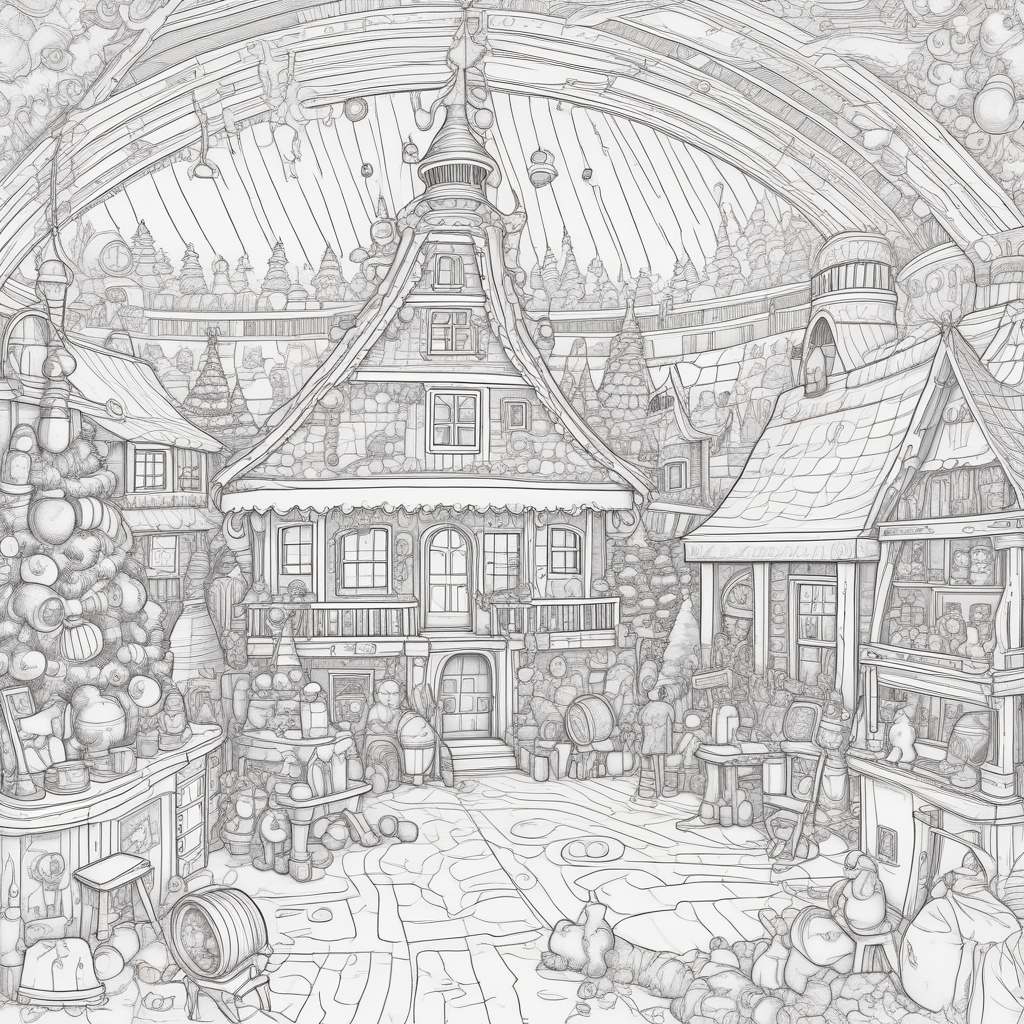 Colorless Santa's workshop at the North Pole, bustling with activity