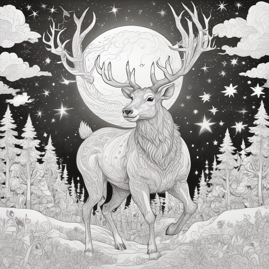 Colorless magical reindeer with glowing antlers flying through a starry night