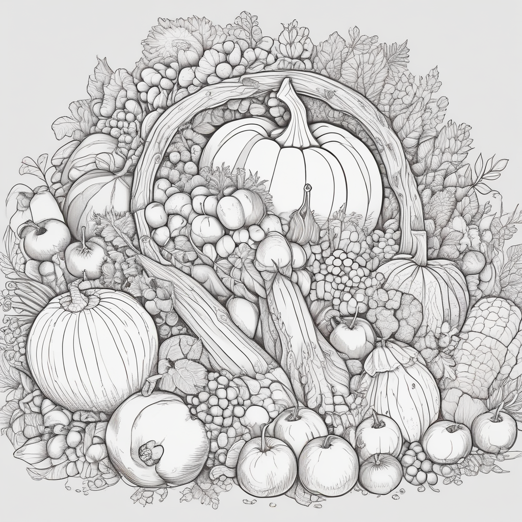 Colorless cornucopia overflowing with fruits and vegetables


