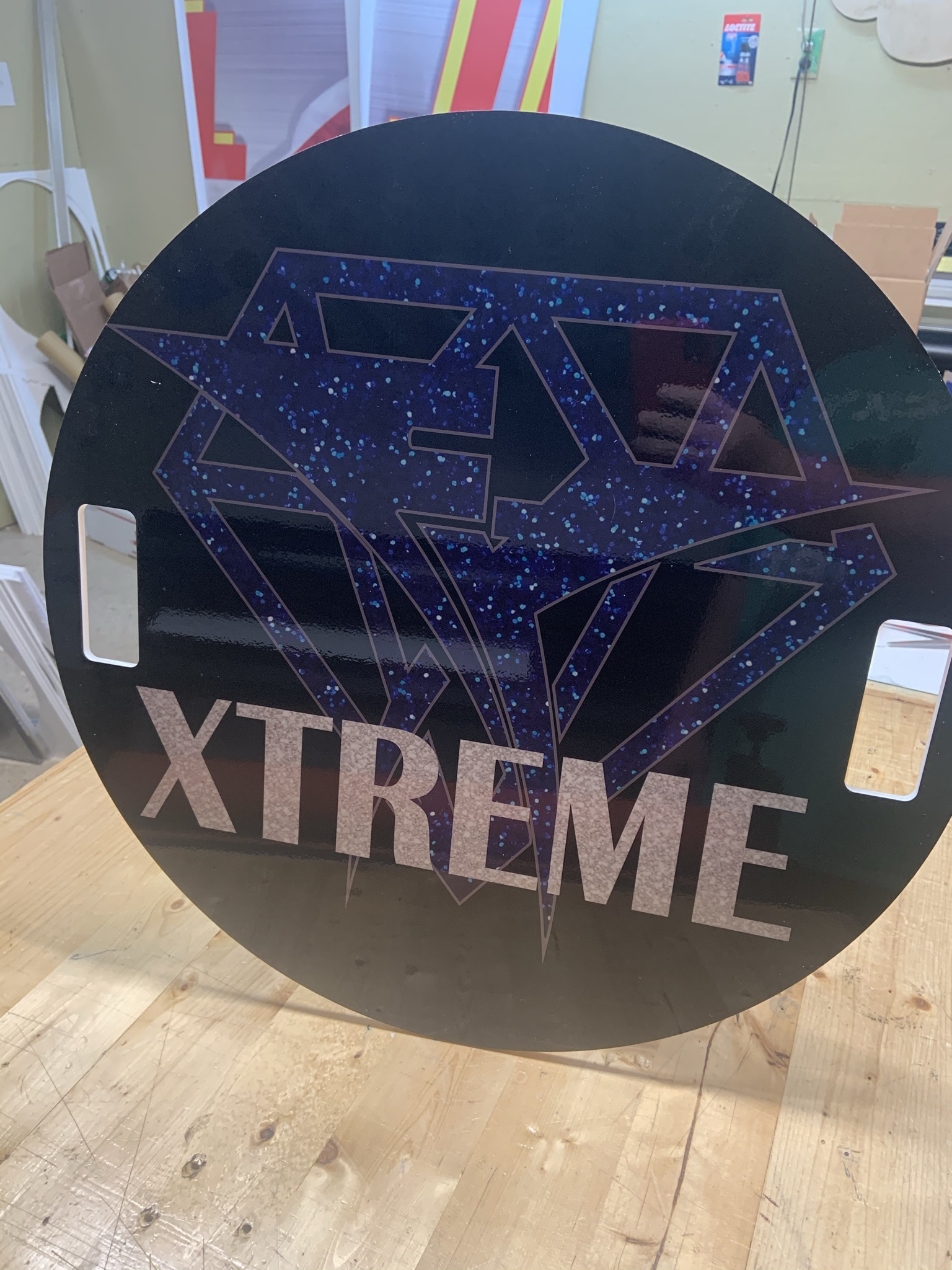 Custom cheer sign design created with bold glitter-style artwork