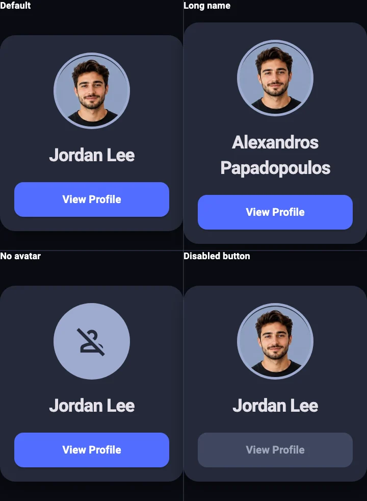 Golden test showing multiple profile card scenarios including default, long name, no avatar, and disabled button