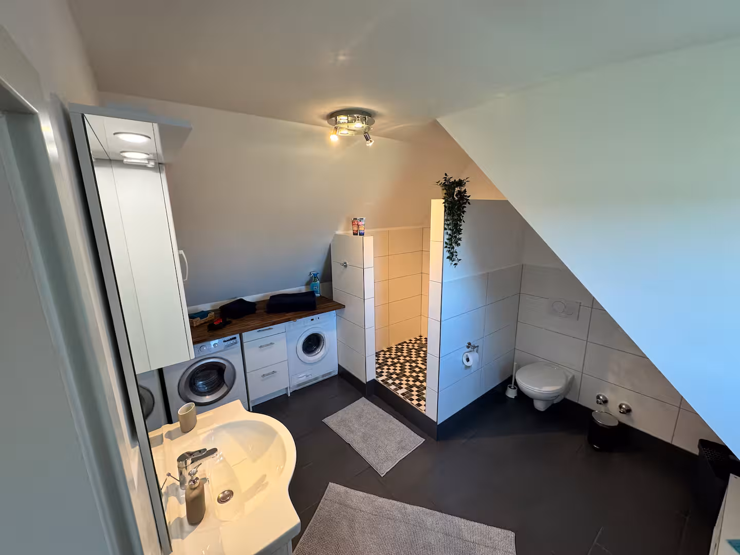 Badezimmer mit dusche waschmaschine und wc