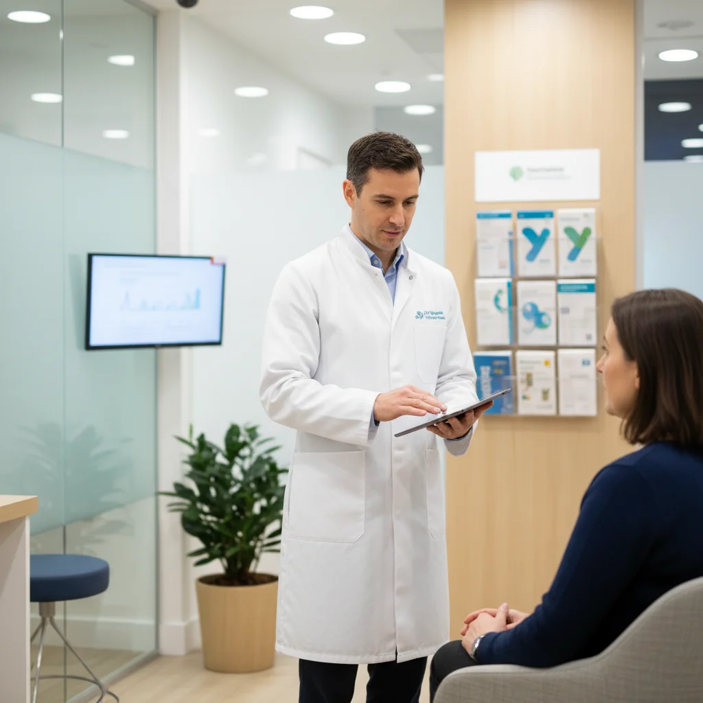 Pharmacist consulting with a patient about weight management in a private UK pharmacy setting.