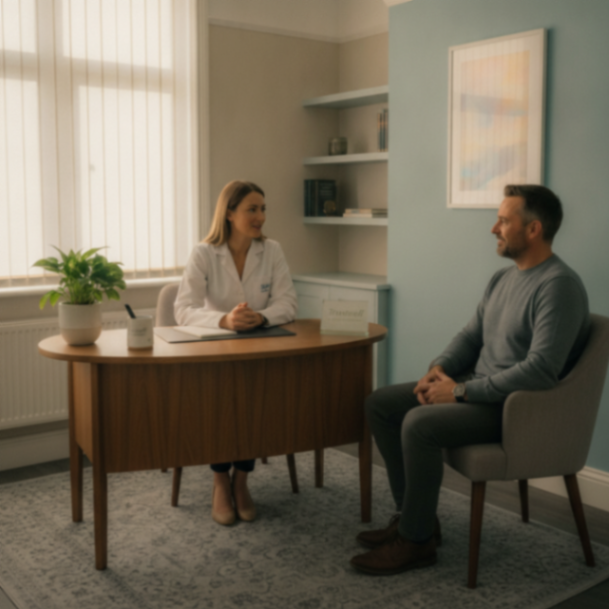 Healthcare professional at Trustwell Clinic advising a patient on weight management