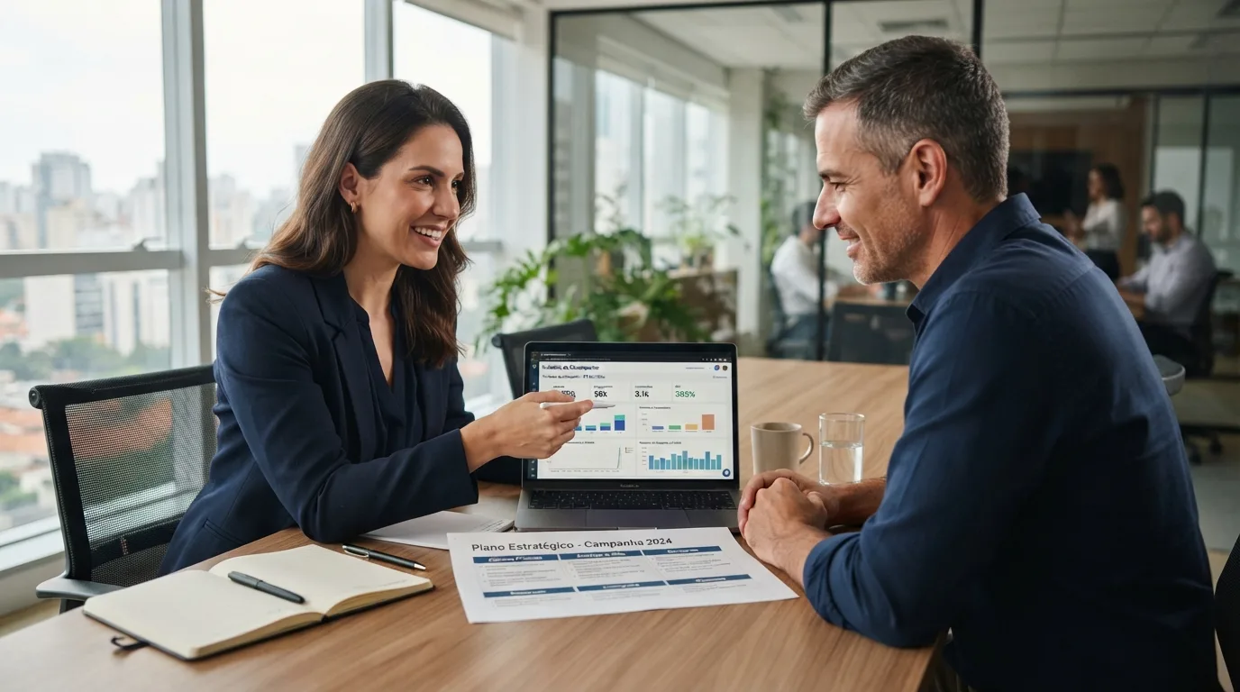 Consultor da Alta Marketing apresentando plano estratégico e resultados para empresário